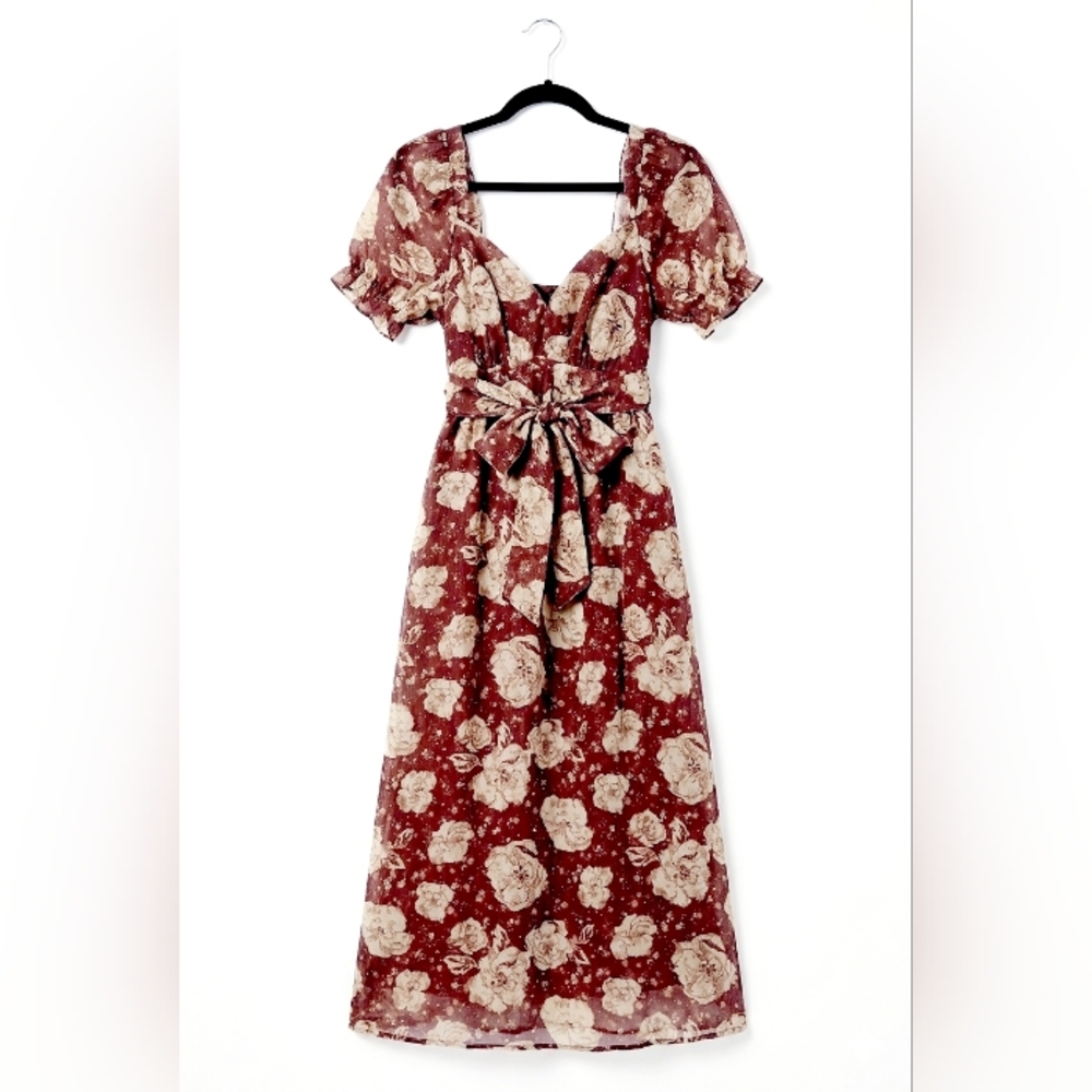 Blu Pepper Burgundy and Cream Floral Maxi Dress with Tie Waist~Size Large~NWT